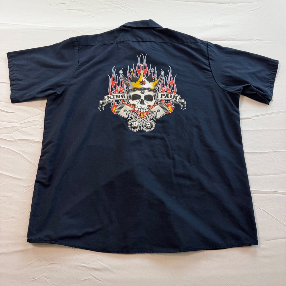 Lucky 13 King of Pain Red Kap Work Shirt Mens XL Navy Skull Piston Biker Graphic